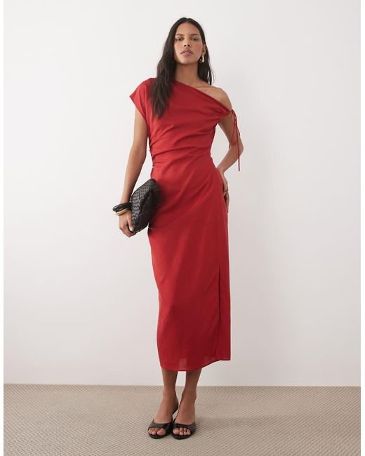Mango Red Linen Mix Asymmetric Maxi Dress