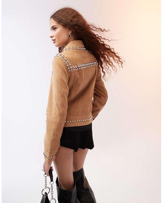 Mango Brown Western Studded Suede Jacket