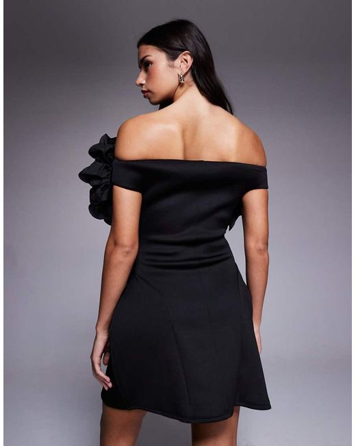 ASOS Black One Off Shoulder Mini Lantern Dress With Corsage Trim Bodice