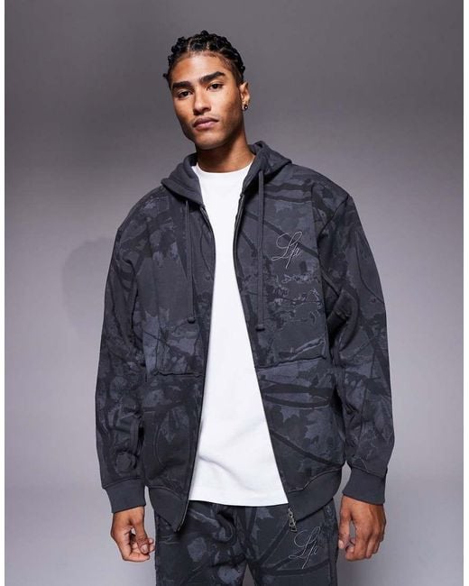 Liquor N Poker Blue Oversized Camo Print Zip Hoodie for men