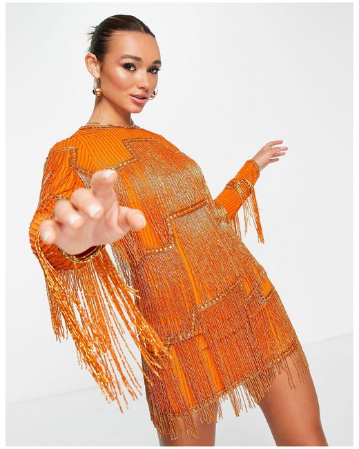 ASOS Embellished Shift Mini Dress With Beaded Fringe in Pink Lyst