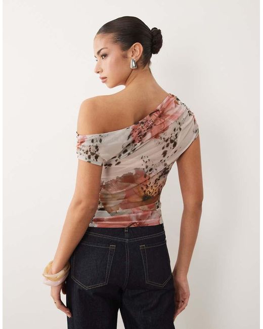 ASOS Multicolor Sheer Mesh Ruched Off Shoulder Asymmetric Top
