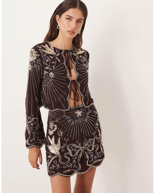 ASOS Brown Bow And Bird Embellished Long Sleeve Co-Ord Blouse