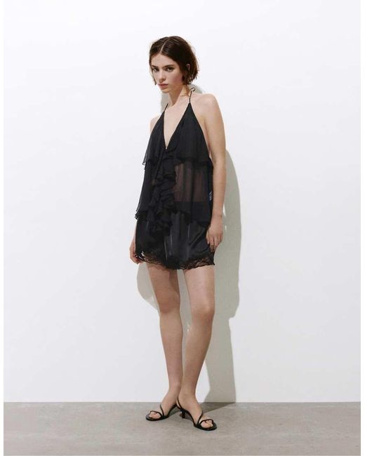 Pull&Bear Black Halter Top With Ruffles