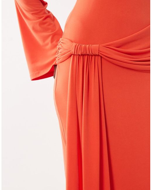 DASKA Red Slinky Long Sleeve High Neck Twist Drape Detail Maxi Dress