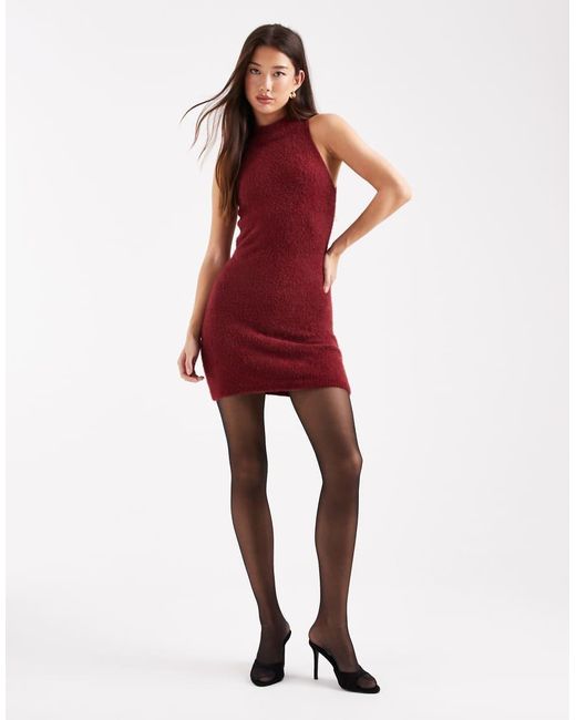 ONLY Red High Neck Fluffy Knit Mini Dress