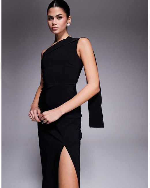 Vesper Blue Bengaline One Shoulder Drape Detail Side Split Maxi Dress