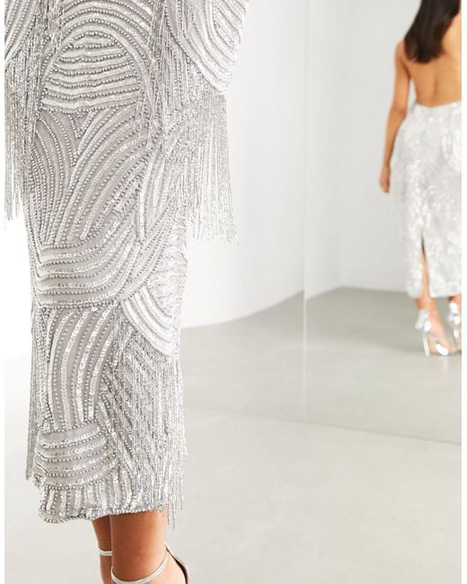 ASOS Super Plunge Embellished Fringe Midi Dress in Metallic | Lyst