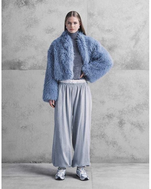 Aria Cove Blue Mongolian Faux Fur Wide Sleeve Cropped Jacket
