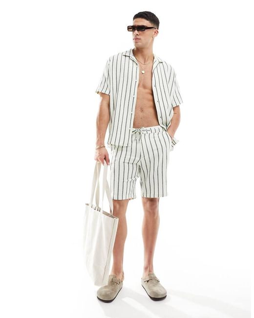 SELECTED Oversized Overhemd Met Textuur, Reverskraag En Groene Strepen, Deel Van Co-Ord Set in het White voor heren