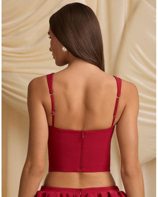 Oh Polly Red Pearla Satin Pearl Bow Detail Corset Top Co-ord