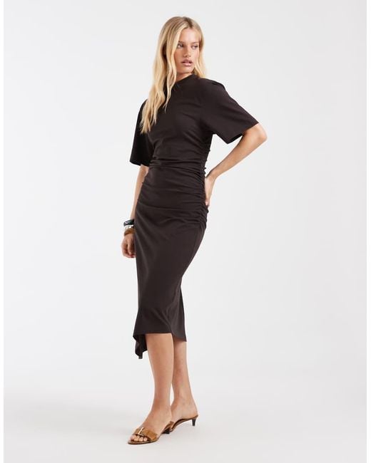 & Other Stories White Ruched Asymetric Hem Jersey Midi Dress