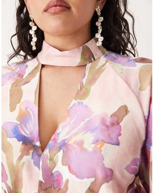 ASOS Pink Asos Design Curve High Neck Plunge Maxi Dress With Blouson Sleeves