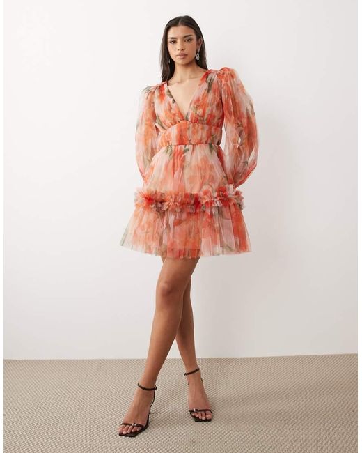 LACE & BEADS Orange Organza V-neck Balloon Sleeve Mini Dress