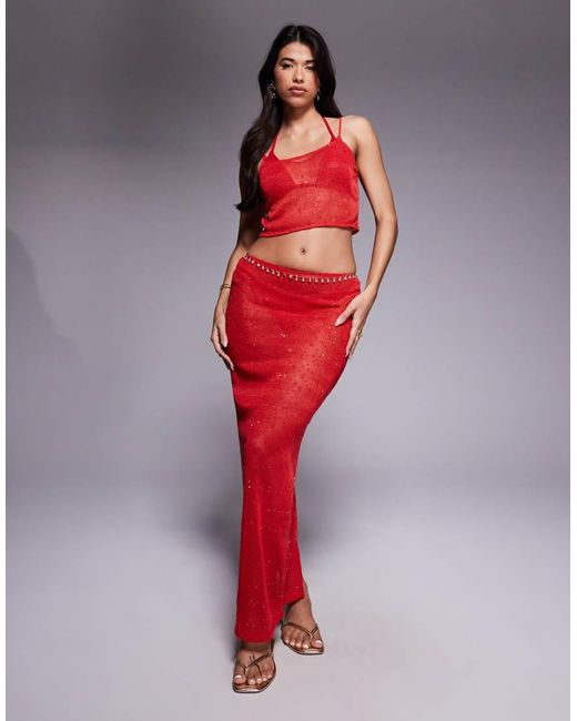 South Beach Red Knitted Sequin Maxi Skirt