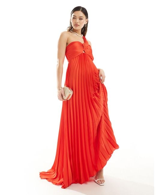 Mango Red One Shoulder Pleated Maxi Dress