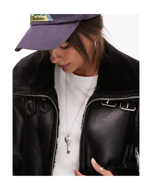 TOPSHOP White Faux Leather Shearling Zip Front Oversized Aviator Jacket With Double Collar Detail