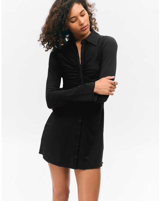 Monki Natural Ruched Front Long Sleeve Mini Shirt Dress