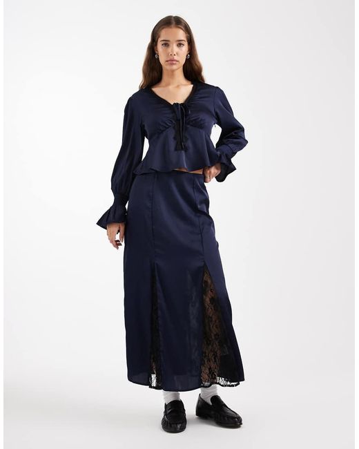 Wednesday's Girl Blue Long Sleeve Satin Lace Detailed Blouse