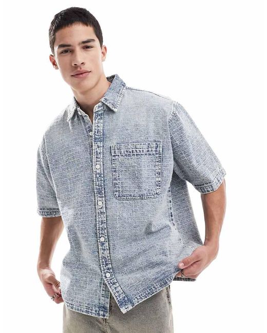 Pull&Bear Blue Checked Textured Denim Shirt for men