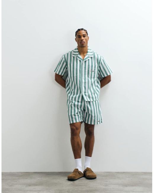 Prohibited Blue Coastline Revere Collar Stripe Shirt Co-Ord for men