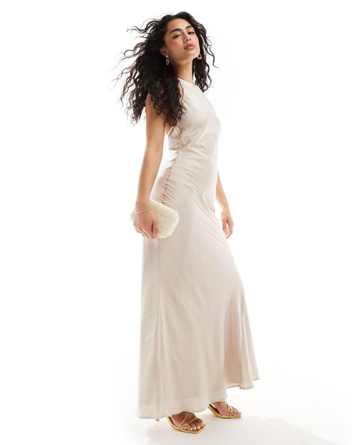 TFNC London White Bridesmaids Satin Maxi Dress With Tie Back And Button Detail