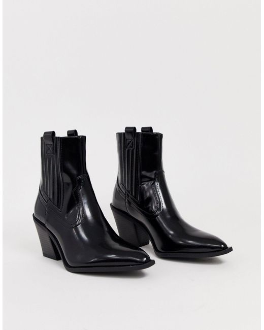 Pull&Bear Black High Heeled Patent Western Chelsea Boots