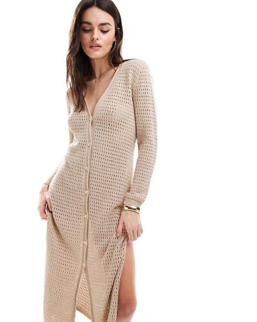 ASOS Natural Knitted Textured Button Through Midi Dress