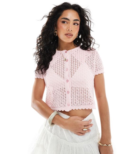 Miss Selfridge White Knitted Pointelle Short Sleeve Cardigan