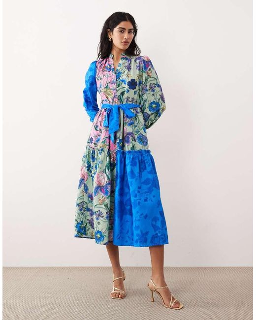 Hope & Ivy Blue Tie Waist Midaxi Shirt Dress