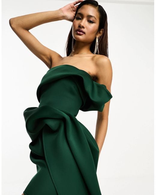 ASOS One Shoulder Structured Mini Dress With Train Detail in Green | Lyst