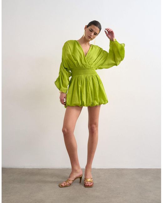 topshop green mini dress Topshop | Topshop shirred mini dress with contrast stitch in green