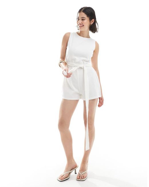Brave Soul White Linen Look Romper With Tie Waist