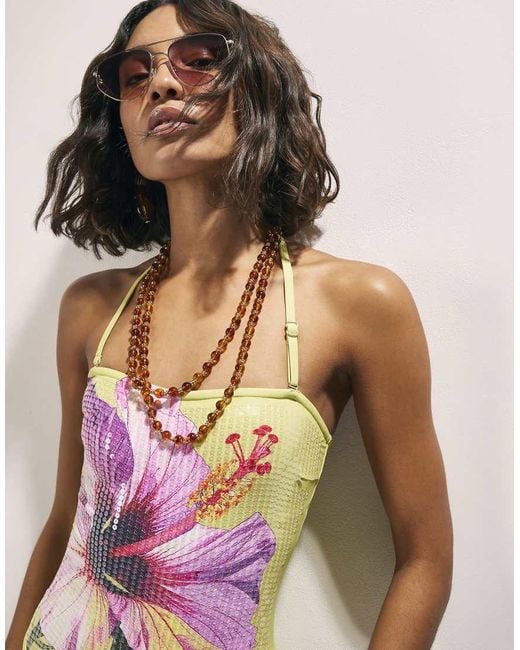 River Island Green Hibiscus Floral Print Sequin Swimsuit