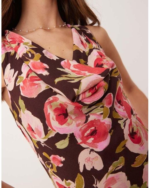 Mango Pink Floral Print Cowl Neck Midaxi Dress