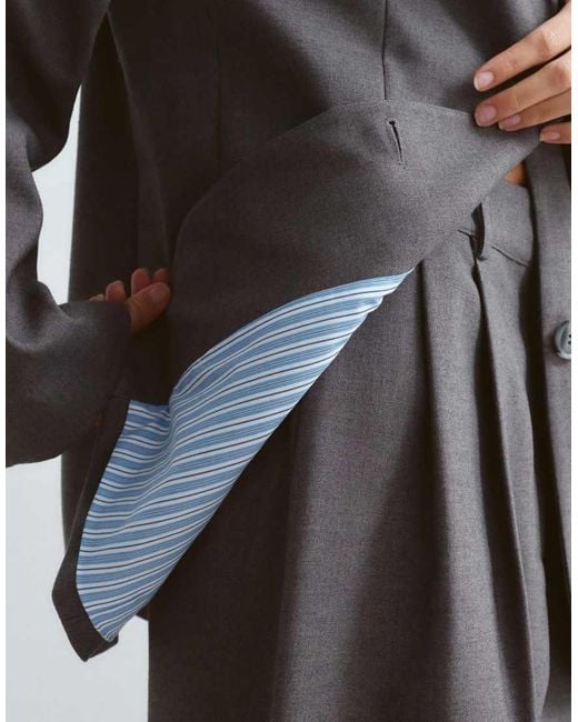 ARRANGE Gray Premium Oversized Wool Blazer With Contrast Stripe Lining