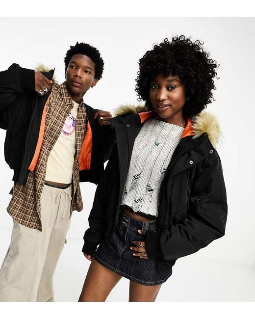 Collusion Nylon Bomber Jacket With Faux Fur Trim Hood in Black Lyst UK
