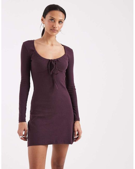 Brave Soul Purple Long Sleeve Jersey Mini Dress With Tie Front Detail
