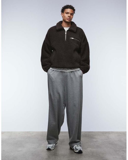 ASOS Black Extreme Oversized Boxy Quarter Zip Borg Sweatshirt With Drop Shoulder And Collar for men