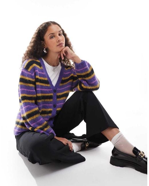 Monki Blue Fluffy Yarn Knitted Cardigan With V Neck
