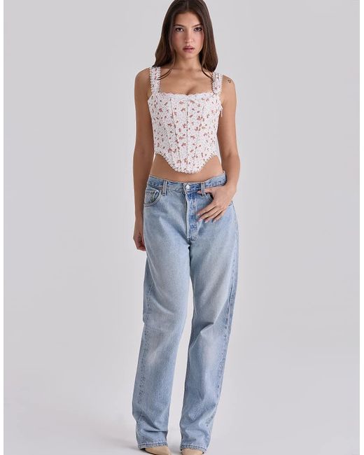 House Of Cb White Adina Rose Print Cotton Scallop Trim Corset Top