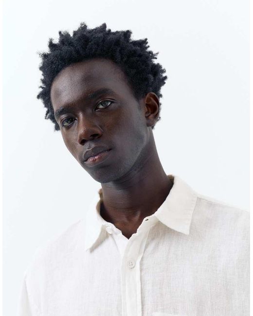 Pull&Bear White 100% Linen Short Sleeve Shirt for men