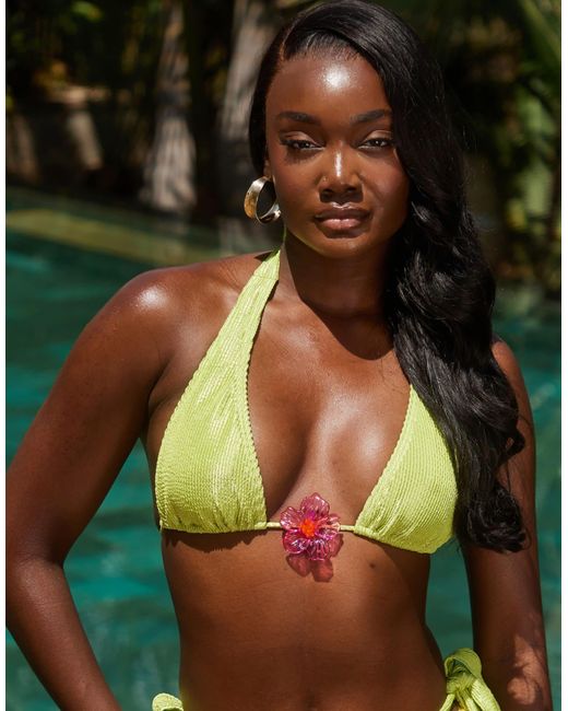 South Beach Green Crinkle High Apex Triangle Bikini Top With Pink Flower Detail