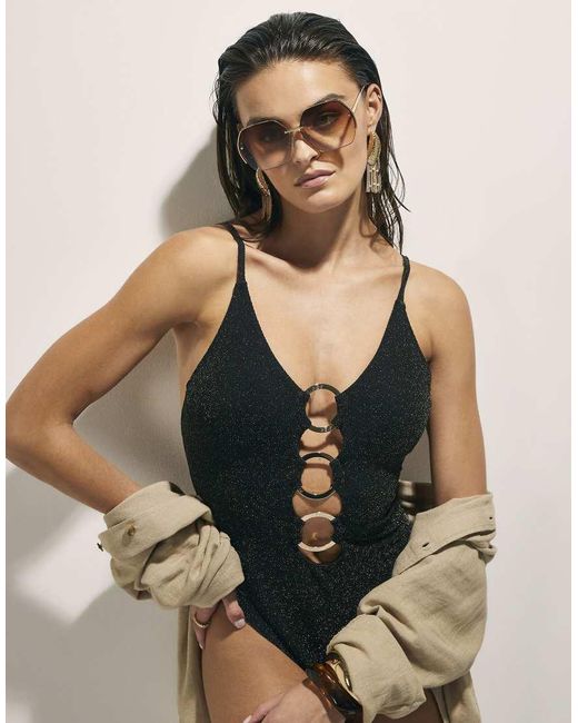 River Island Black Metallic Ring Swimsuit
