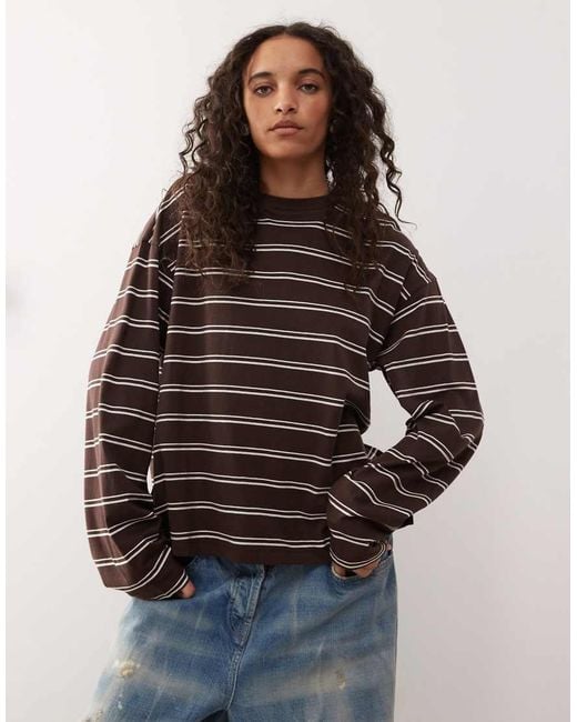 Monki Brown Oversized Long Sleeve T-shirt With Side Slits