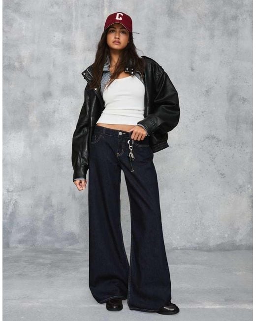 Bershka Blue Petite Low-rise Wide-leg Jeans