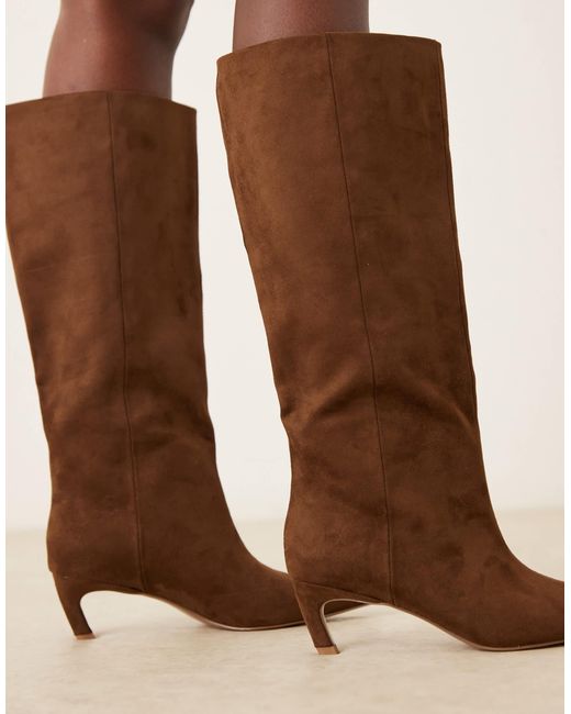 ASOS Natural Carmel Pull-On Kitten Heeled Knee Boots