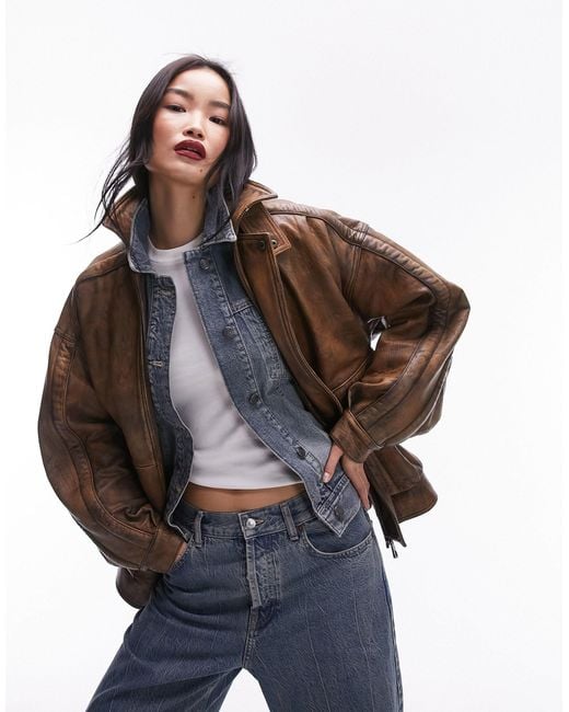 TOPSHOP Brown Premium Real Leather Oversized Bomber Jacket