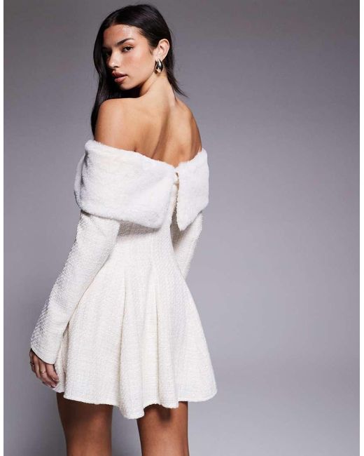 ASOS White Boucle Mini Dress With Faux-fur Trim