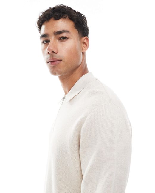 Jack & Jones White Premium Long Sleeve Knitted Polo With Quarter Zip for men